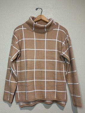 Ecowish Women’s Cozy Tan Windowpane Turtleneck Sweater